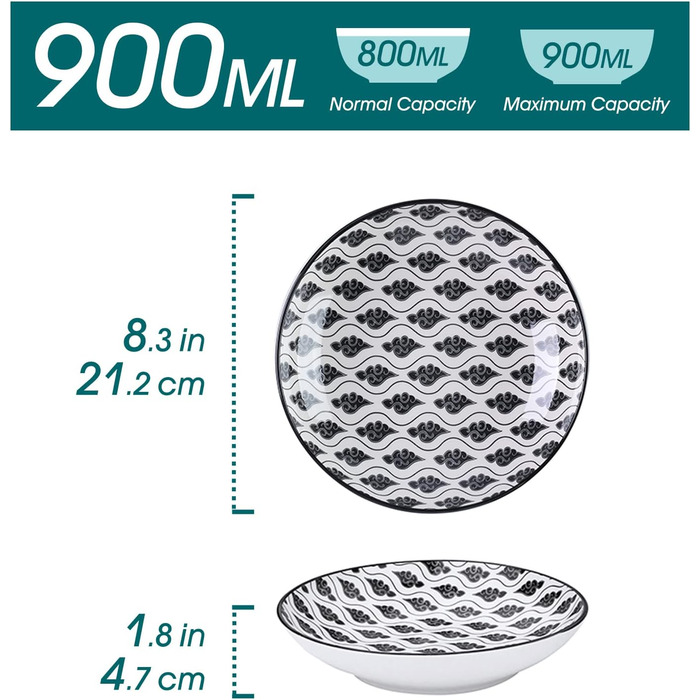 Набір тарілок Vancasso Haruka: 4 супові тарілки з порцеляни, Ø 21 см, 700 мл, чорний + кремовий