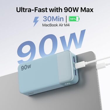 Потужний Power Bank NOBIS 20000mAh 90W з підтримкою швидкої зарядки, 4 порти USB-C/USB-A для ноутбуків Dell, Lenovo, Steam Deck, Samsung Galaxy та смартфонів (Синій)