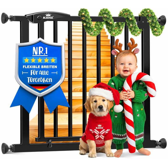 Захист для сходів KIDIZ без свердління | Ширина регулюється: 74-80 см, висота 75 см | Захист для дітей та собак, двостороннє відкривання однією рукою, система Open-Stop 90°, (Чорний, 102 - 108 см)