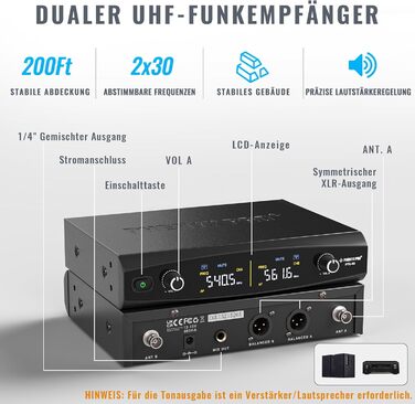 Мікрофон Phenyx Pro PTU-52: Бездротова система з кейсом, 2x30 UHF, 60 метрів
