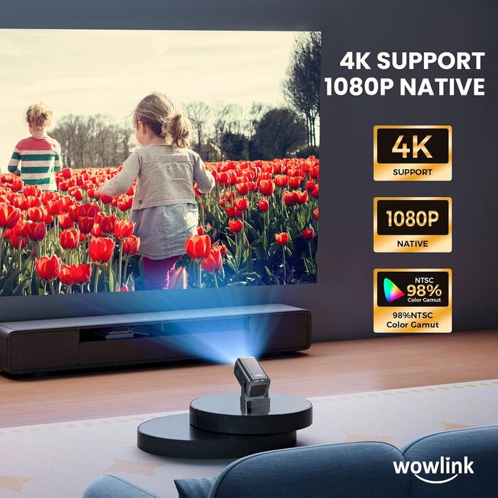 Портативний проєктор Beamer 4K з автофокусом, WiFi 6, Bluetooth 5.4 та інтегрованими додатками (2026 модель). Підтримка HDMI, TV Stick, Memory Stick, Laptop. Чорний