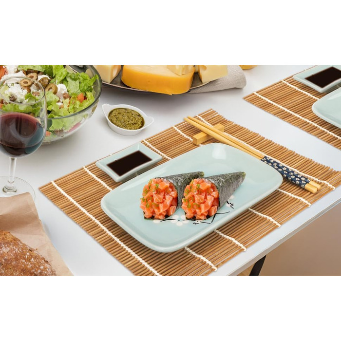 Набір для суші Exzact (10 шт.) – 2 тарілки, 2 миски для соусу, 2 підставки під столові прилади, 2 пари паличок для їжі – високоякісний фарфор, у подарунковій коробці – блакитний колір