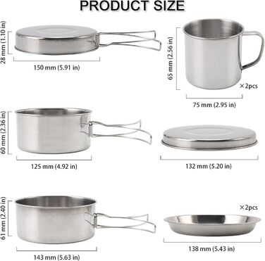Набір кухонного посуду для кемпінгу, 8 предметів: каструля та сковорода з нержавіючої сталі, тарілки та чашки для відпочинку на природі, походів та рюкзакових подорожей. Легкий набір для приготування їжі в рюкзаку