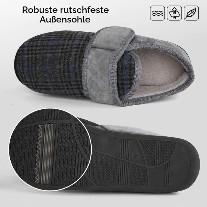 Чоловічі теплі домашні капці TIESTRA для літніх людей з Memory Foam, флісові тапочки з липучкою для широкої стопи, сірі в смужку, розмір 45 EU