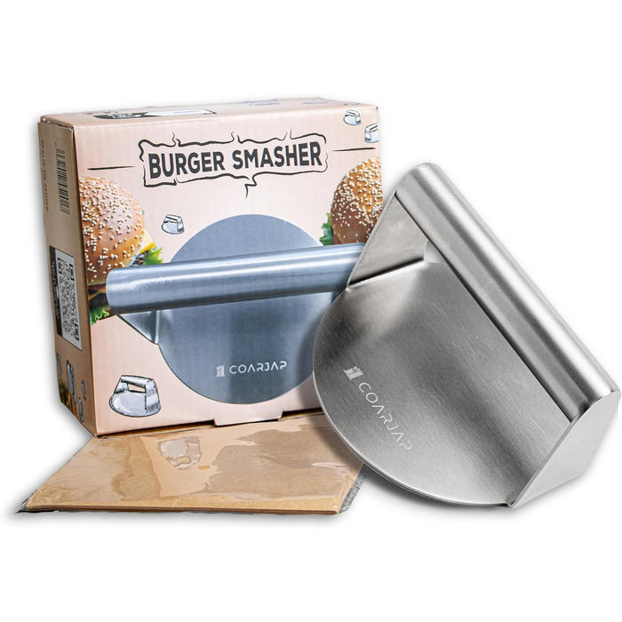 Пресс для смаш-бургерів COARJAP з нержавіючої сталі 304 - Burger Smasher з одного шматка, 60 папірців для бургерів, QR-код, безпечний для харчових продуктів, придатний для миття в посудомийній машині - для дому та професійної кухні
