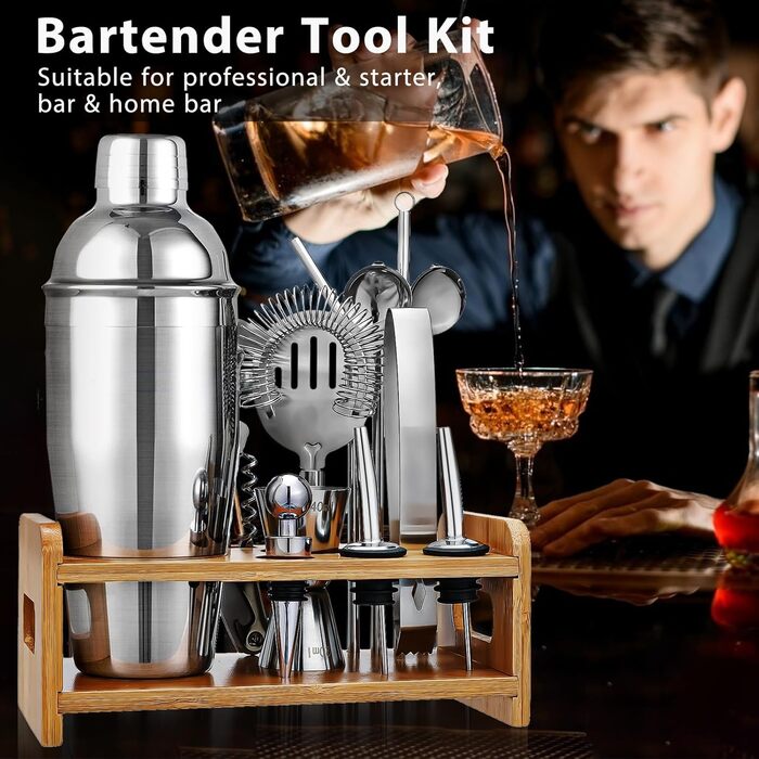 Cocktail Set, Godmorn Stainless Steel Shaker Set, 15-Piece Bartender Set with Improved Bamboo Stand, Recipe Book, Measuring Jigger, and Bar Spoon, 550 ml Gift Set for Home or the Bar