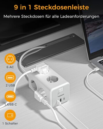 Мережевий фільтр TESSAN 6 розеток з USB-C, 9 в 1, з вимикачем, 2м кабель, для дому та офісу