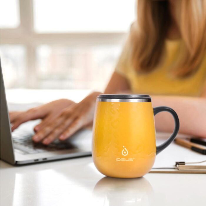 Кружка для кави та чаю Ideus 470 мл з подвійними стінками, з нержавіючої сталі, з нековзким ручним тримачем та кришкою-ковзаючою панеллю, великий об'єм (Трав'яний зелений) (Леопардовий жовтий)