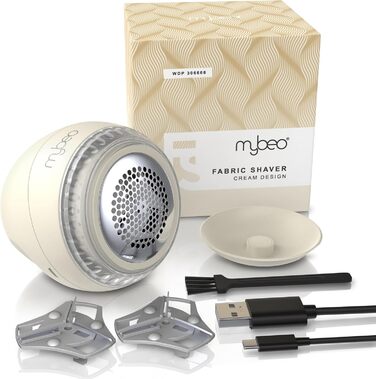 MyBeo - Електричний видалення ворсу з одягу - бездротовий прилад для видалення ворсу з тканини з USB-кабелем для зарядки - для всіх видів одягу - видаляє ковтунці - 2 змінні леза - акумуляторний (Колір: Бежевий)