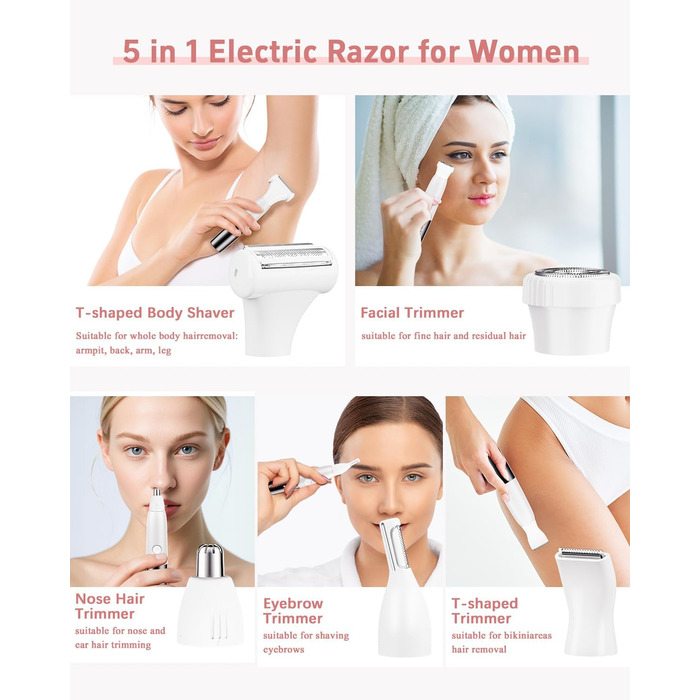 Електричний жіночий гірчак для інтимної зони 5-в-1 - для тіла, бікіні, брів та носа, IPX7, вологостійкий, білий