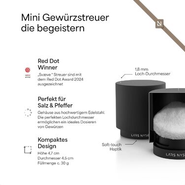 LARS NYSØM Gift Set with Salt and Pepper Shakers & Spices - Mini Designer Salt and Pepper Shakers with Finest Alpine Salt and Brazilian Pepper in an Attractive Gift Box - Carbon Black