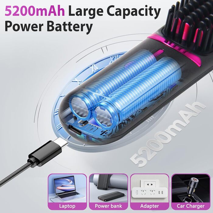 Бездротова щітка-випрямляч для волосся, 5200mAh, захист від опіків, 160°C-200°C