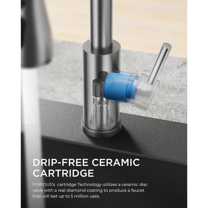 Змішувач для кухні FORIOUS висувний з душем, кухонний, L-подібний, 360° обертання, нержавіюча сталь