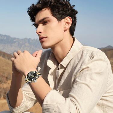 Годинник чоловічий LIGE, аналоговий кварцовий годинник з нержавіючої сталі, 3ATM водостійкий (30м), з календарем та світловиділяючими стрілками, для бізнесу та відпочинку (чорний/золотий)