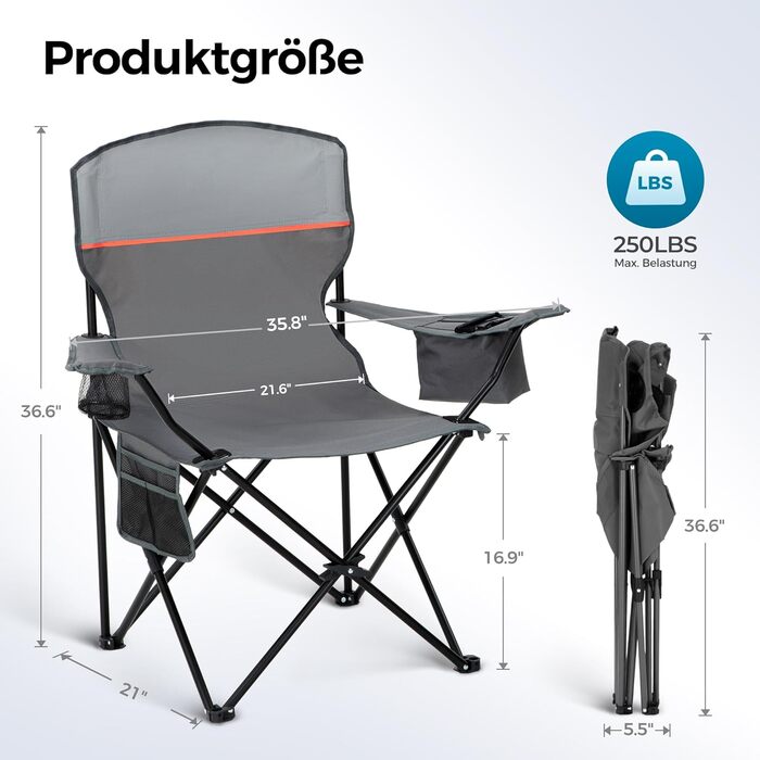Набір 2 складаних стільців High Point Sports для кемпінгу, риболовлі та відпочинку з підсклянником та охолоджувачем (до 120 кг), сірий