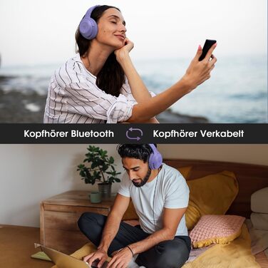 Бездротові навушники DOQAUS Bluetooth з довгим терміном служби (70 годин), Over-Ear, Bluetooth 5.4, з кабелем, 3 режими EQ, Hi-Fi стерео для подорожей/телефону/ПК (фіолетові)