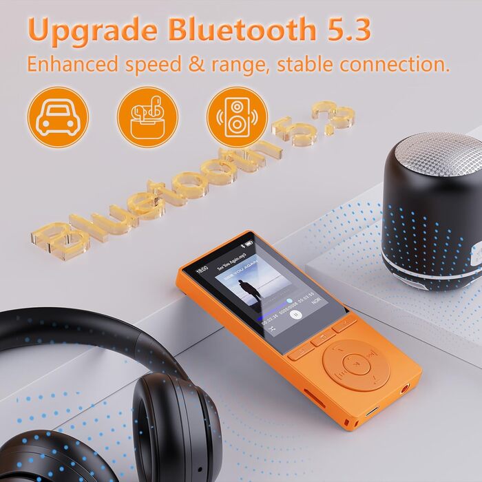 MP3 плеєр 64GB Bluetooth 5.3 з динаміком, HiFi звук, диктофон, E-book, підтримка TF карти 128GB (Помаранчевий)