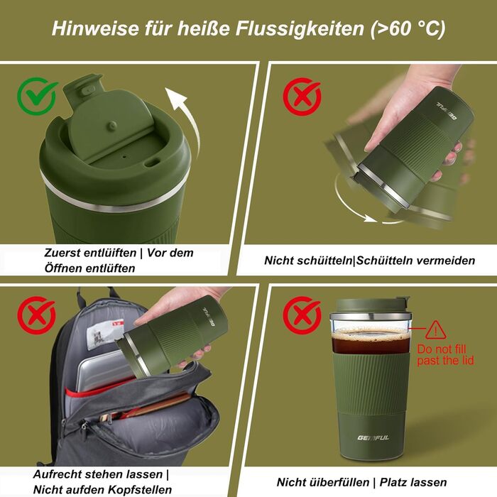 Термокружка з нержавіючої сталі 510 мл Gemful для подорожей та дому (зелена)