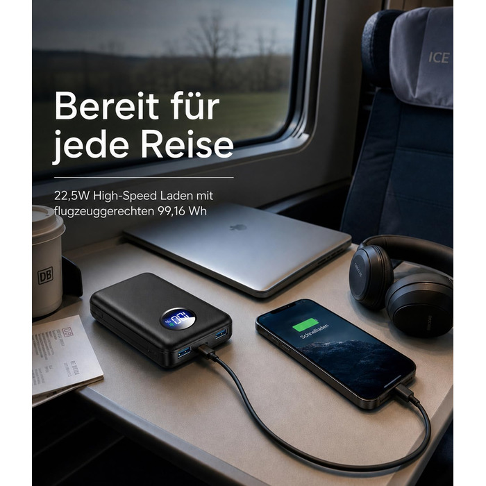 Power Bank 26800mAh 22.5W з 3 портами (USB-C PD 3.0, QC 3.0, USB-A) – Зовнішній акумулятор для iPhone, Samsung, iPad, компактний, авіаперевезення