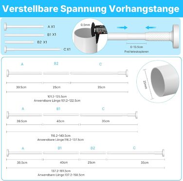 Штанга для карнизів без свердління, 100-230 см, регульована телескопічна штанга для душу, вікна та балкону (діаметр 25 мм, білий)