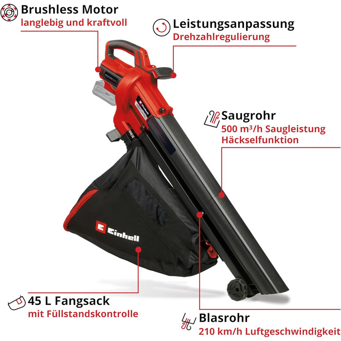 Einhell Cordless Leaf Blower VENTURRO 18/210 Power X-Change (Li-Ion, 18 V, Suction power 500 m³/h, collection bag 45 L, blowing function up to 210 km/h, without battery & charger)