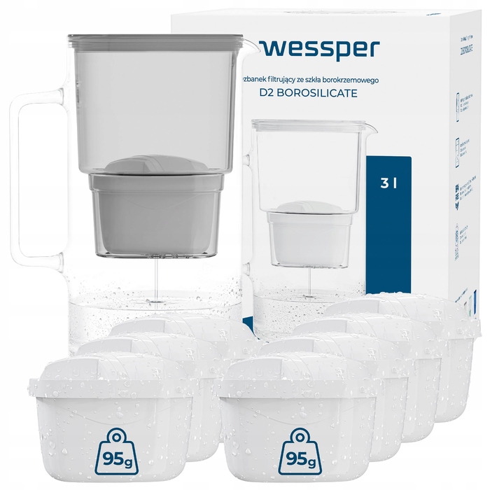 Скляний фільтр-кувшин Wessper D2 BOROSILICATE 3л, сірий + 8 фільтрів