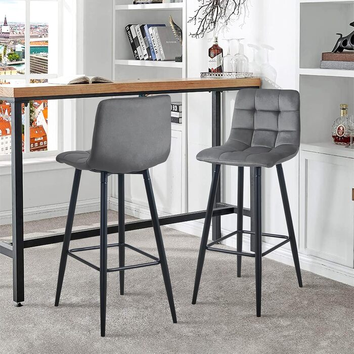 Velvet Bar Stools Set of 2 with Backrest - 66cm Counter Height - Grey