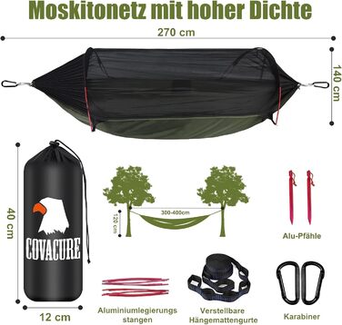 Гамак COVACURE вуличний з москітною сіткою для 2 осіб 270x140 см, вантажопідйомність 200 кг - легкий гамак для кемпінгу, саду, подорожей