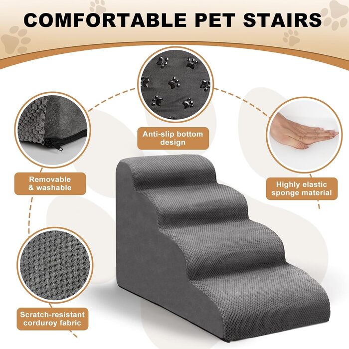 Сходинки для собак маленьких порід Otauoaea: 4 сходинки, протиковзкі, для диванів та ліжок, знімний чохол, сірий колір
