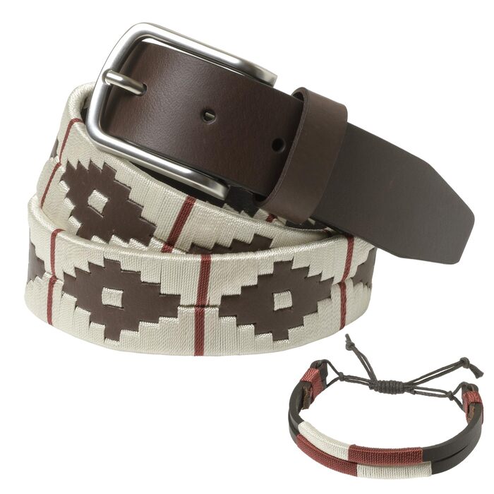 Чоловічий/жіночий шкіряний ремінь з шнуром та браслетом. Аргентинський шкіряний ремінь ручної роботи (бежево-червоний, 110 см)