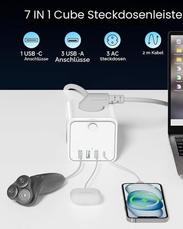 Мережний фільтр 7-в-1 з USB-портами, подовжувач на 3 розетки з вимикачем, кабель 2м, білий — для дому та офісу