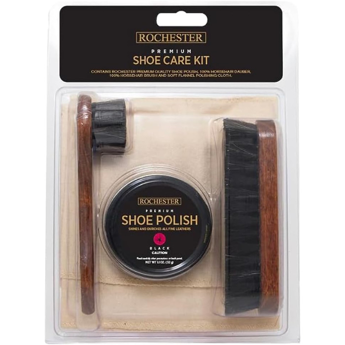 ROCHESTER Premium Shoe Care Set, Leather Shoe Care Kit with Black Shoe Cream, 100% Horsehair Dauber, 100% Horsehair Shoe Brush, and Soft Flannel Polishing Cloth, Shoe Accessories, Natural