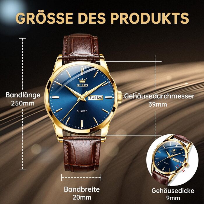 Чоловічий годинник OLEVS з нержавіючої сталі, кварцовий аналоговий годинник, класичний діловий годинник, водостійкий, з підсвічуванням, з датою, на шкіряному ремінці (C2-блакитний циферблат/коричневий ремінь)