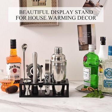 750ml Stainless Steel Cocktail Shaker Set with Bamboo Stand & Recipe Book - 17 Piece Bar Set for Bartenders, Gifts for Women (Black Silver)