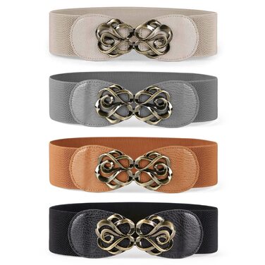 Жіночий широкий еластичний пояс JasGood (4 шт.): шкіряний стрейч для суконь, чорний, коричневий, сірий, бежевий, розмір 71-87 см