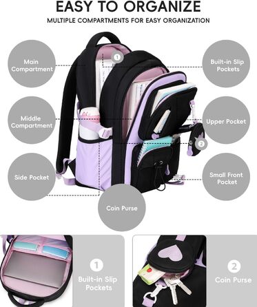 Шкільний рюкзак для дівчаток Tanou, чорний, з дихаючої тканини Oxford, для 3-5 класів