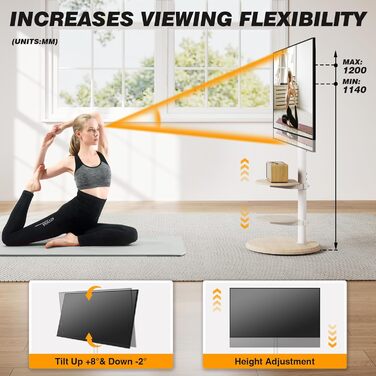 Підставка для телевізора RFIVER мобільна з роликами, біла, 32-65 дюймів, з поличкою, регульована висота та нахил, до 40 кг, VESA 400x400 мм