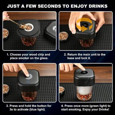 Набір для копчення коктейлів та віскі, з 4 дерев'яними чіпсами, електричний. Ідеальний подарунок на День батька для віскі, бурбону, коктейлів, кави та м'яса. Аксесуар для приготування напоїв.