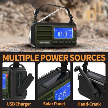 Радіоприймач FosPower NOAA/AM/FM з Power Bank 19240mAh (5200mAh) - Сонячна/USB зарядка, ручний генератор, SOS-сигнал, ліхтарик, помаранчевий (D8)