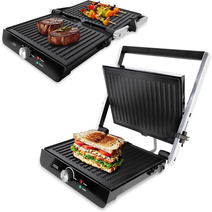 ADE Contact Grill 2.000 Watt | Non-stick coated sandwich maker 3 in 1 | Panini toaster & table grill electric 180° foldable | for sandwiches, toast, steaks, vegetables, panini | Stainless steel silver