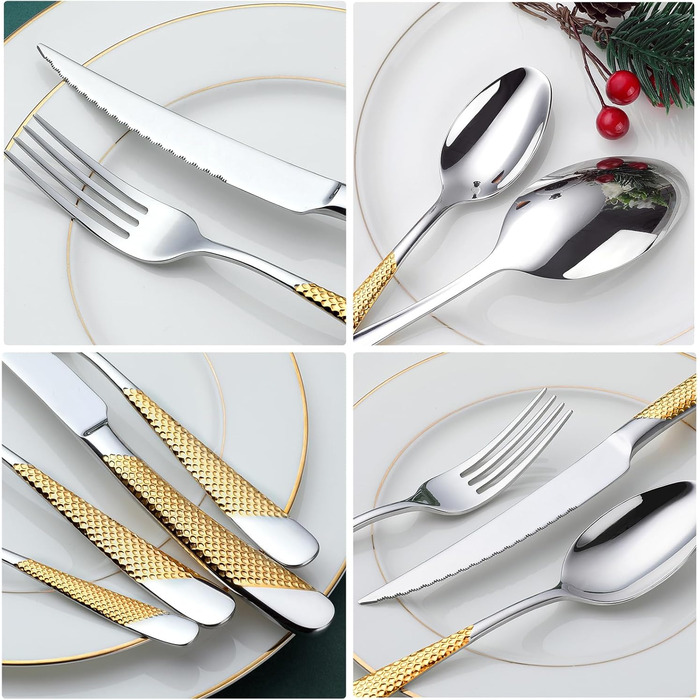 Набір столових приборів OGORI для 6 осіб (30 предметів), золотий, з дзеркальним поліруванням, нержавіюча сталь 18/10, для дому/вечірки/ресторану (подарункова коробка)