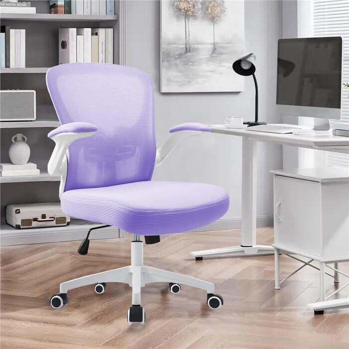 Ергономічне крісло для офісу з підйомними підлокітниками, регульованою підтримкою попереку, регульованою висотою поворотного сидіння та спинкою з сіткою, що нахиляється до 130°, (фіолетовий)