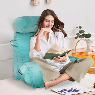 Подушка для читання з велюру, подушка для сидіння в ліжку для дорослих, спинка для ліжка з круглою подушкою, подушка для відпочинку в ліжку з підтримкою спини та рук, кишеню та знімний чохол (Синій / Зелений)