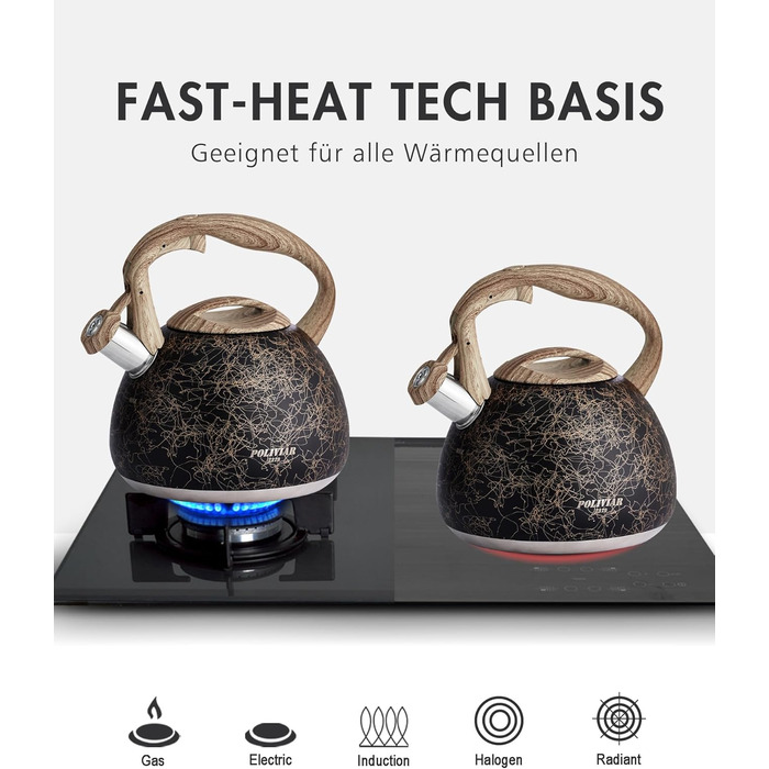 Електричний чайник Poliviar Moderne Induktion, 2.7L, нержавіюча сталь, чорне золото
