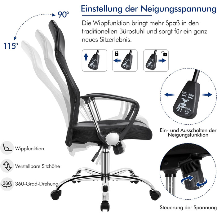 Офісне крісло Yaheetech з високою спинкою, ергономічне, регульоване по висоті, з м'яким сидінням, до 135 кг, сітка, чорний