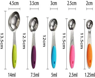 Measuring spoons, stainless steel, silicone handle, spoon, measuring spoon, measuring cup set, baking scale, measuring and spice spoons, measuring spoon set (multicolored, 10 pieces) (multicolored measuring spoons, 5 pieces)