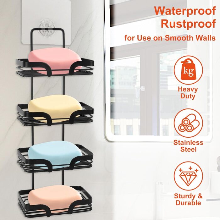 Tefola Soap Holder, 4-Tier Wall Mounted Soap Sponge Holder, Soap Dish for Shower with Two Single Hooks, Adhesive, Drill-Free Soap Holder, Stainless Steel Soap Holder (Black)
