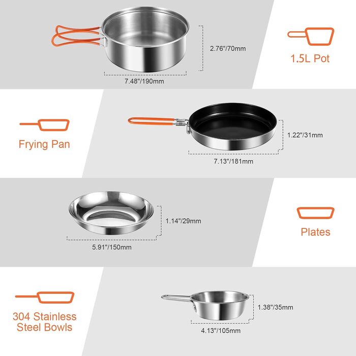 Набір посуду для кемпінгу Odoland: каструля, сковорода, тарілки, миски, столові прибори (15 предметів) з нержавіючої сталі з антипригарним покриттям. Ідеально для кемпінгу, пікніків, трекінгу та подорожей на 2 особи