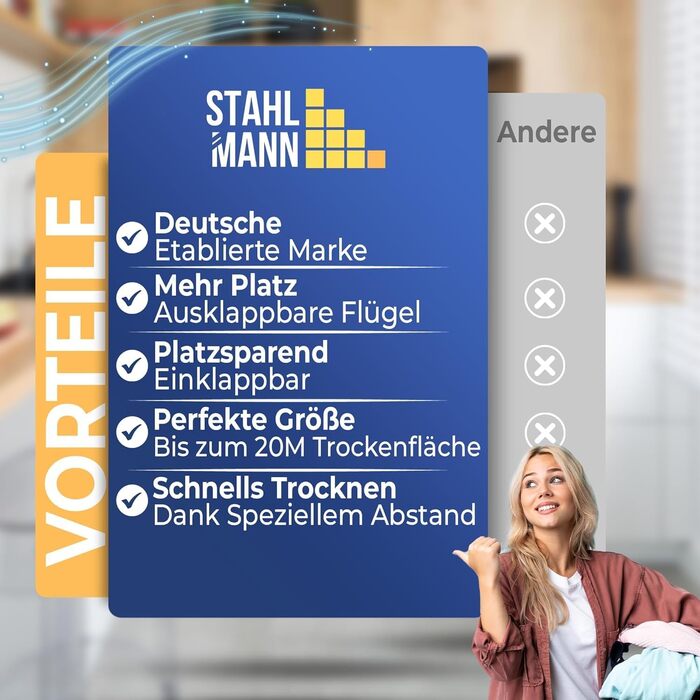 Сушарка для білизни розкладна STAHLMANN® 20м² чорна, з прищіпками для дрібної білизни - Made in EU