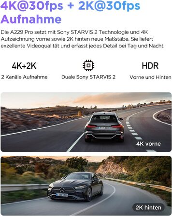 VIOFO A229 Pro 4K + 2K Dual STARVIS відеореєстратор для авто, HDR, GPS, Wi-Fi, голосове керування, нічне бачення 2.0, підтримка до 512GB